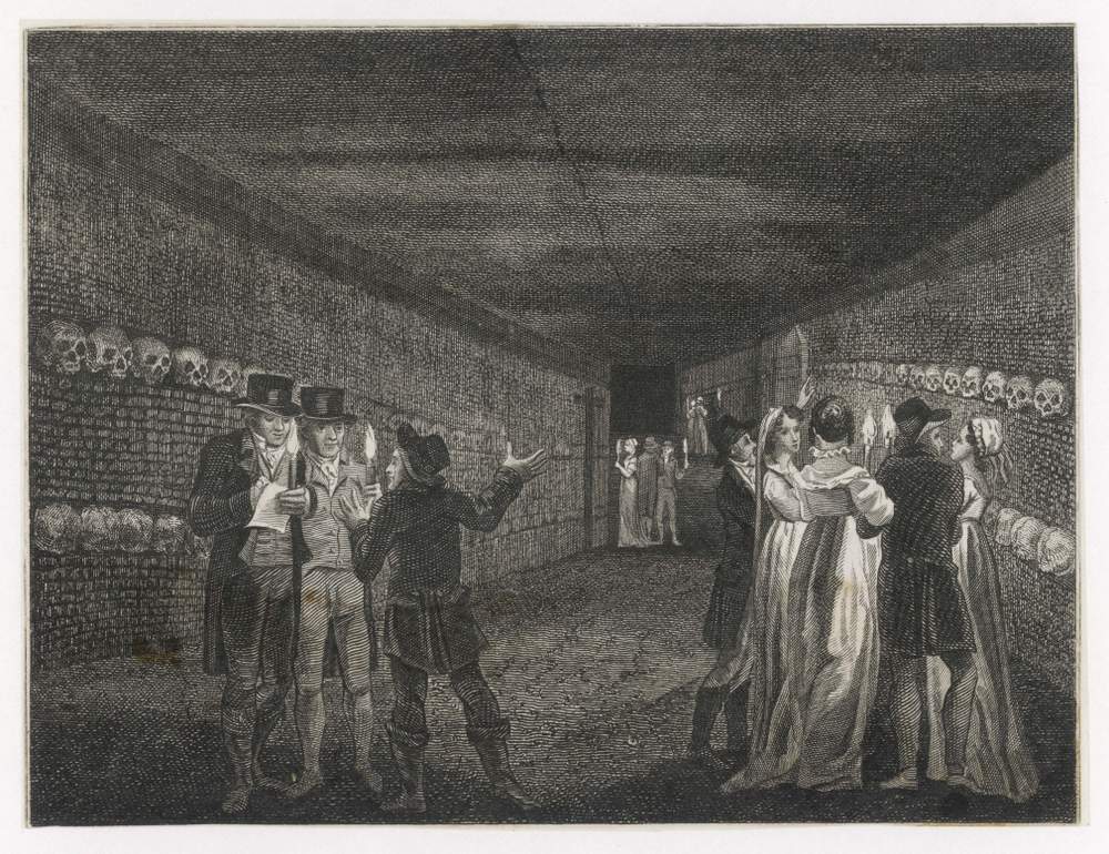 Des touristes munis de torches. Vers 1815.