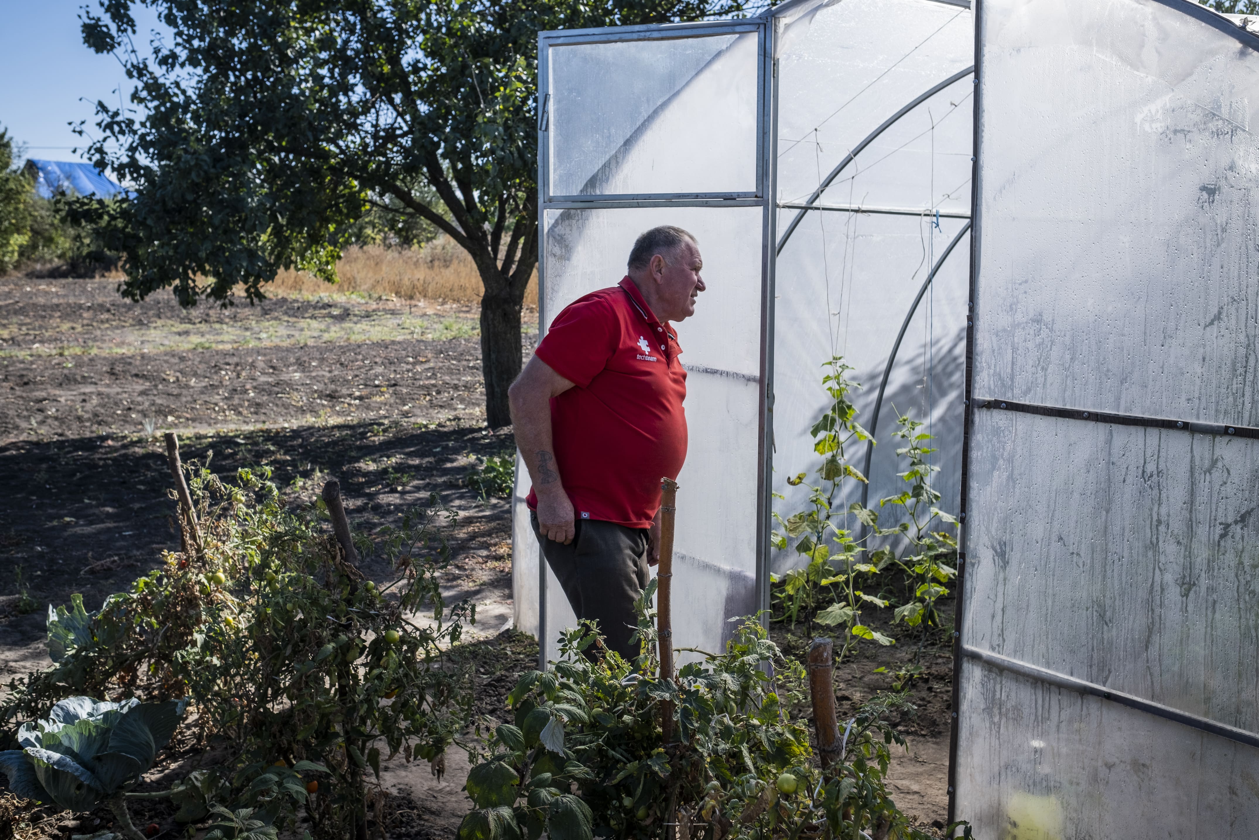 Vasyl, 67 ans et petit agriculteur, vérifie l'état de sa serre le 25 septembre 2025. En novembre 2022, deux mois après la libération du village, Vasyl a marché sur une mine PFM-1 alors qu’il ramassait du bois. Il a dû être amputé du bas de sa jambe gauche.